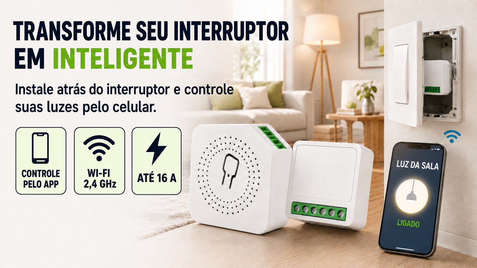 Mini Interruptor Inteligente Wi-Fi 16A com medidor de energia