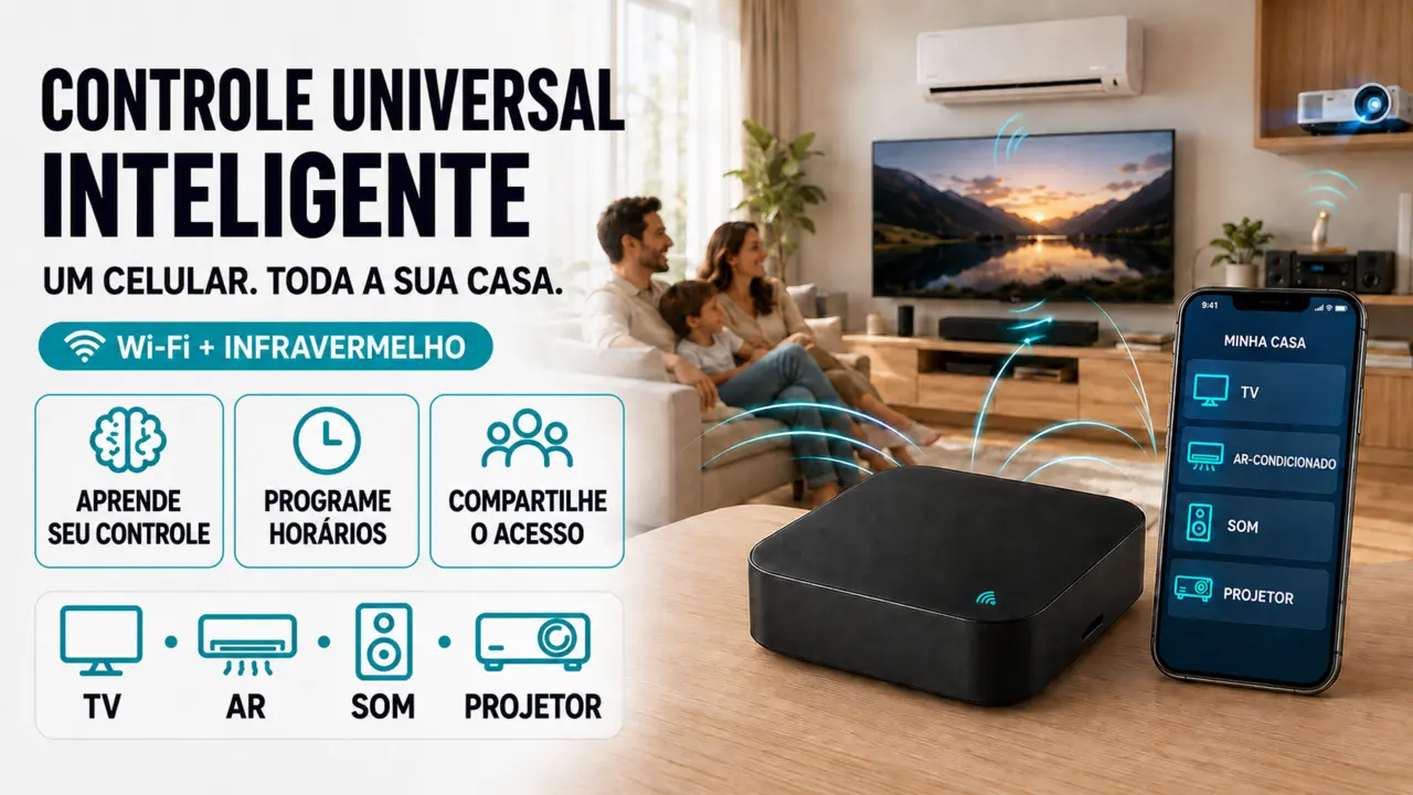 Controle Remoto Universal Infravermelho Wi-Fi para controlar TV, ar-condicionado, som e projetor pelo celular